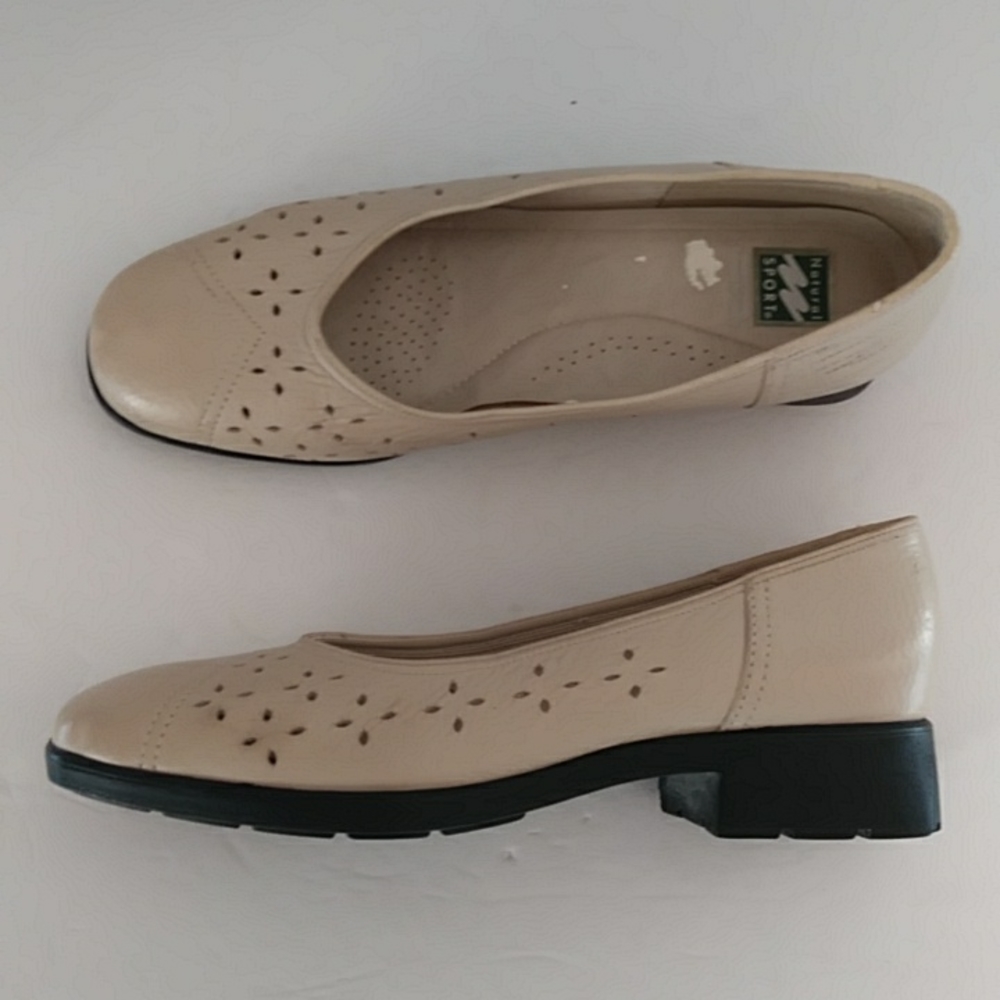 Natural Sport Leather Laser Cut Slip On Chunky Heel Shoe 6 Natural Beige Tan